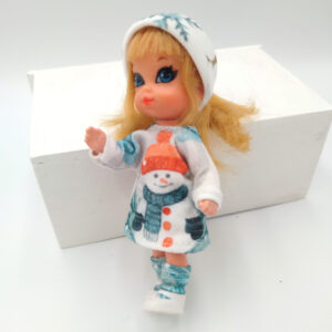 Snowman print Skediddle Liddle Kiddles 4 inch walking Doll Outfit 5 pcs costume headband dress shoes for Vintage 60s doll NO doll